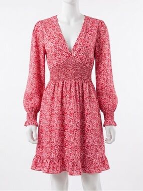 NWOT Made With Love Smocked Floral Peasant Mini Dress Pink Ruffle V-Neck Large